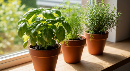 Fresh herbs growing in terracotta pots on kitchen windowsill