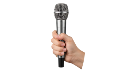 Hand holding a silver microphone, with a mesh grill head, isolated on a white or transparent background, cutout, PNG