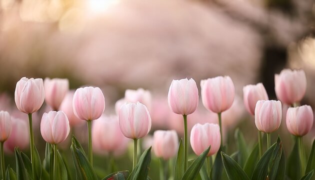 Soft Pink Tulips In The Garden On Blur Background - Powered by Adobe