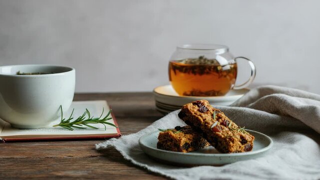 Tea with biscotti next to open book