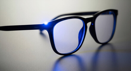 Black glasses with blue lenses on a reflective surface  