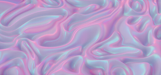 3D Y3K-style illustration with smooth, fluid waves and a glossy surface. The abstract texture shimmers in pastel blue and pink shades, evoking a futuristic, digital, and dreamy atmosphere.