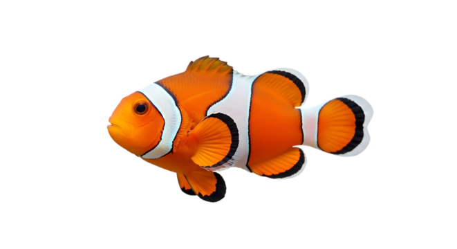 Orange and white clownfish, with black fin edges swimming against a dark void, isolated on a white or transparent background, cutout, PNG