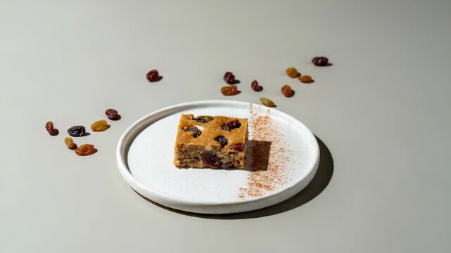 Piece of raisin cake on white plate with scattered raisins and cinnamon