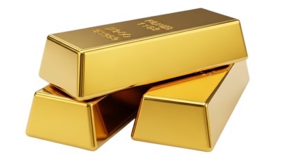 Stacked shiny gold bars, with engraved markings and reflections, isolated on a white or transparent background, cutout, PNG