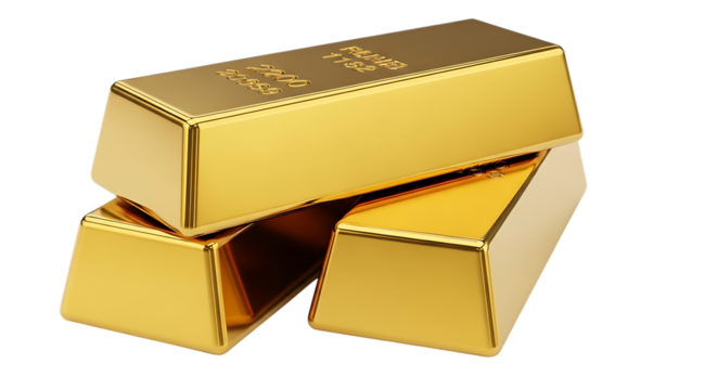 Stacked shiny gold bars, with engraved markings and reflections, isolated on a white or transparent background, cutout, PNG