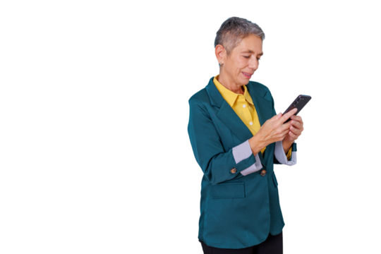 Senior businesswoman smiling and texting on mobile phone, staying connected, using modern technology on transparent background