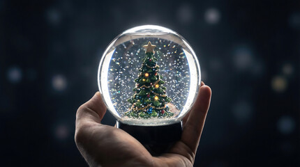 Hand Holding Glass Snow Globe With Christmas Tree In Studio