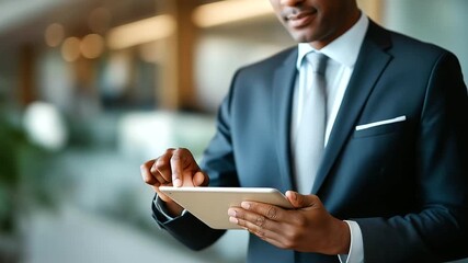 Indian businessman smiling with digital tablet three quarter torso head cropped above nose line modern interior bokeh professional technology faceless no visible faces table - Powered by Adobe