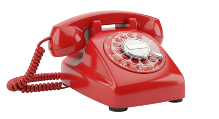 Vintage red rotary dial telephone, with coiled cord, isolated on a white or transparent background, cutout, PNG