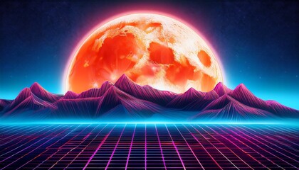 Retro Futuristic Landscape With Giant Glowing Orange Moon Above Neon Mountains Ideal For Synthwave Music Covers Sci Fi Posters And Digital Backgrounds