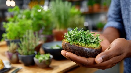 African American man holding a delicious avocado toast topped with fresh microgreens in a vibrant kitchen filled with herbs and plants, showcasing healthy eating and culinary creativity