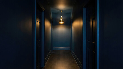 Single Brass Pendant Light Illuminating Moody Blue Hallway Interior