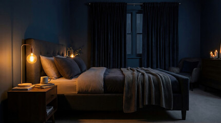 Bedroom Sanctuary Velvet Drapes Charcoal Bed Warm Lighting Cocooning