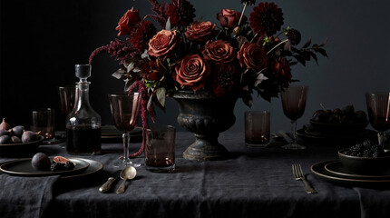 Floral Centerpiece Glassware Dark Tablecloth Set Dining Focus