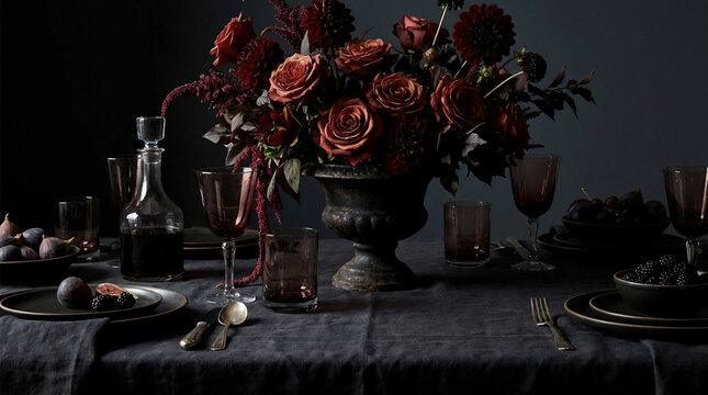 Floral Centerpiece Glassware Dark Tablecloth Set Dining Focus - Powered by Adobe