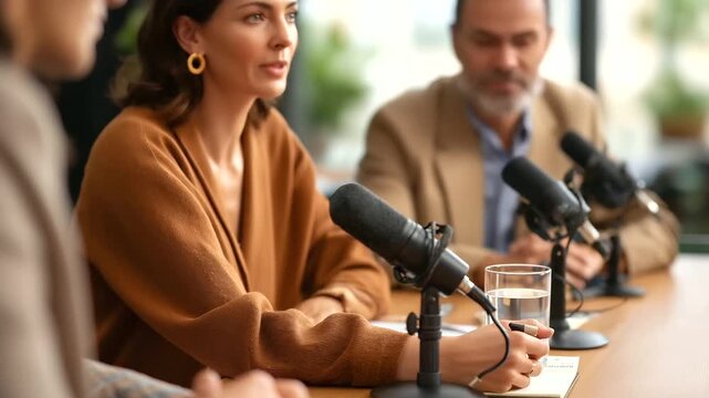 Multiethnic podcast host speaking during interview two torsos at table mics and notes heads turned professional podcasting faceless no visible faces interview with copy spa