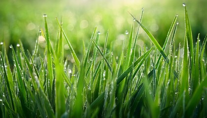 Dewy Green Grass Tall Blades Glisten In Light Macro Photo