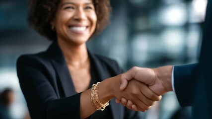 Mature black businesswoman shaking hands with new partner handshake close up with bracelets and blazer cuffs office backdrop partnership agreement faceless no visible faces - Powered by Adobe