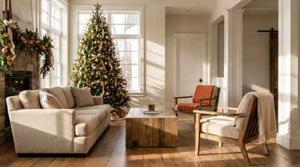 Living Room Decorated Christmas Tree Natural Daylight Illumination