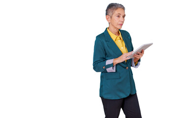 Senior businesswoman working with tablet, developing business strategy, standing confidently with transparent background