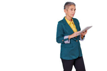 Senior businesswoman working with tablet, developing business strategy, standing confidently with transparent background
