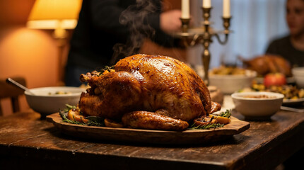 Roasted Turkey Centerpiece On Rustic Table With Warm Lighting