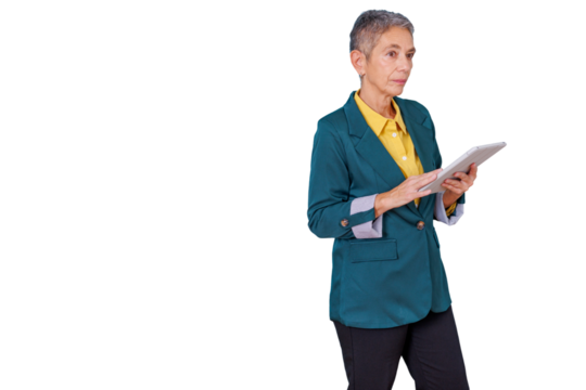 Senior businesswoman working with tablet, developing business strategy, standing confidently with transparent background