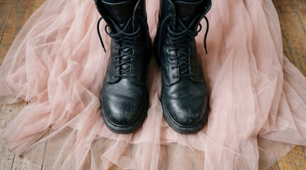 Combat Boots On Pink Tulle Fabric Top Down View Symbolizing Contrast