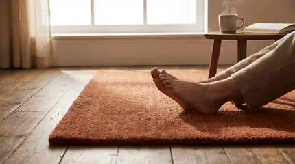 Bare Feet Stepping Onto Terracotta Wool Rug Wooden Floor Morning