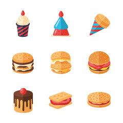 Collection of Cartoon Food and Party Items for Celebrations.