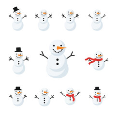 Collection of Cheerful Snowman Illustrations for Winter Holiday Designs.