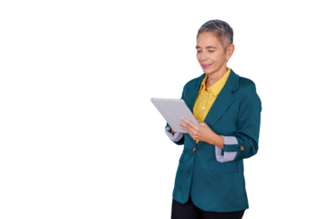 Senior businesswoman using technology, smiling while holding a digital tablet with clear background