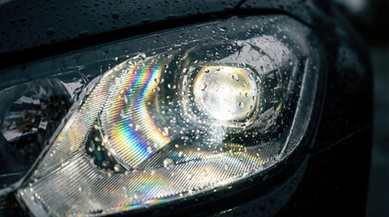 Car Headlight Lens Macro Rain Droplet LED Illumination Detail