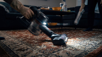 Hand Vacuuming Rug Indoors Motion Blur Close Up Detail Scene