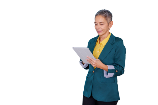 Senior businesswoman using technology, smiling while holding a digital tablet with clear background - Powered by Adobe