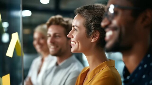 Multiethnic business team discussing ideas in modern office three quarter backs and side profiles cropped at cheekbones sticky notes on glass corporate collaboration diverse