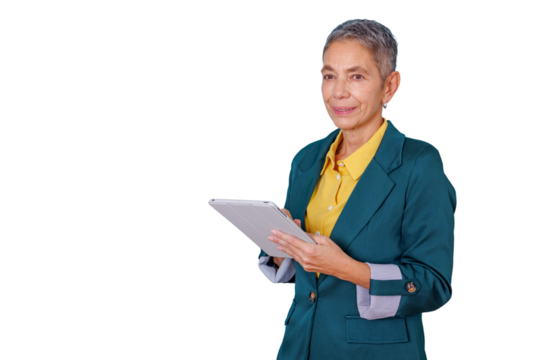 Senior business woman holding digital tablet, smiling and looking away, with transparent background