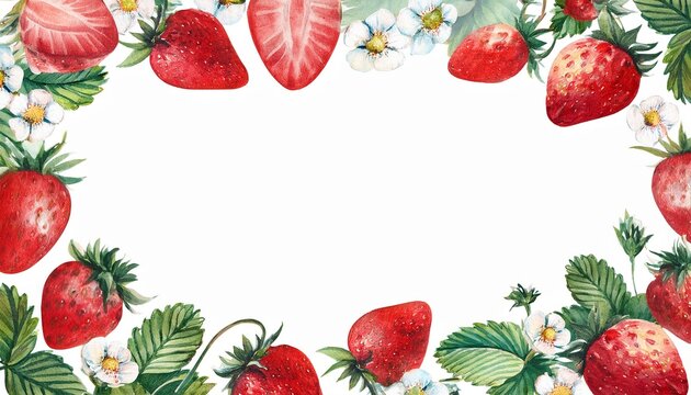 Watercolor Template Frame Hand Drawing Border Of Strawberry Berries Countryside And Picnic Elements Vintage Print In Cottage Core Style For Design Restaurant Menu - Powered by Adobe