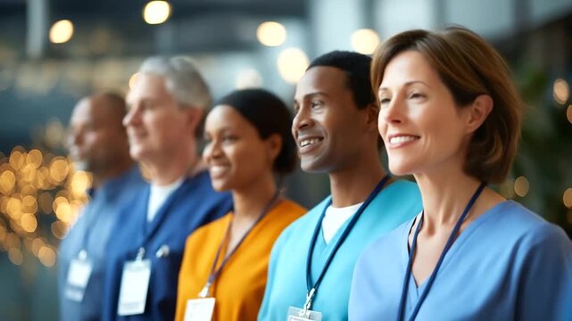 Friendly healthcare team together in hospital group torso lineup with badges and scrubs heads angled away or cropped above nose clinical corridor bokeh diverse staff medical