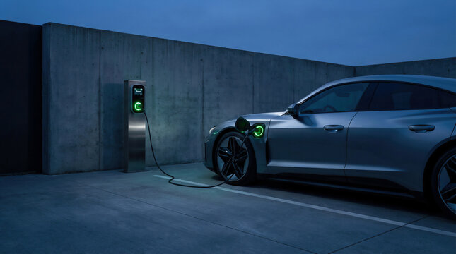 Electric Vehicle Charging Modern Driveway Blue Hour Illumination