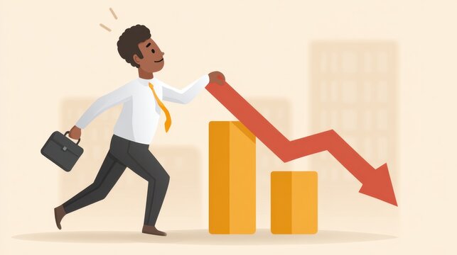 Businessman in formal attire is running with a briefcase, pulling down a red arrow indicating declining graph trends in a professional environment