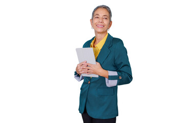 Senior businesswoman holding tablet, smiling confidently, representing intelligent technology and successful career, transparent background