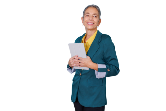 Senior businesswoman holding tablet, smiling confidently, representing intelligent technology and successful career, transparent background - Powered by Adobe