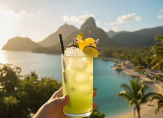 Exotic highball tropical cocktail, island mountain backdrop, luxury resort view