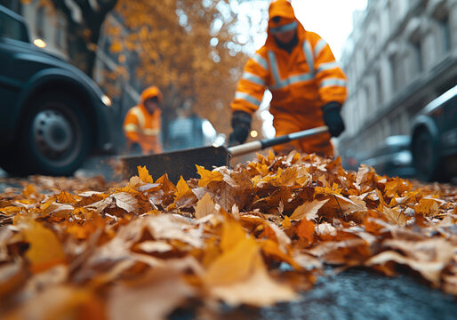 Autumn Leaf Cleanup by City Street Cleaning Team