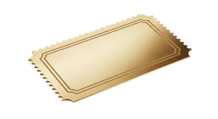 Brushed gold ticket, with ornate border and serrated edges, isolated on a white or transparent background, cutout, PNG