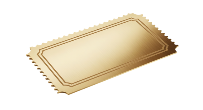 Brushed gold ticket, with ornate border and serrated edges, isolated on a white or transparent background, cutout, PNG
