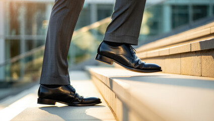 Close-up of a professional confidently stepping up stone stairs in polished black oxford shoes, symbolizing ambition, career growth and forward momentum in a modern business environment