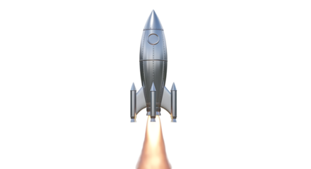Silver retro rocket ship, with fiery exhaust launching upwards, isolated on a white or transparent background, cutout, PNG